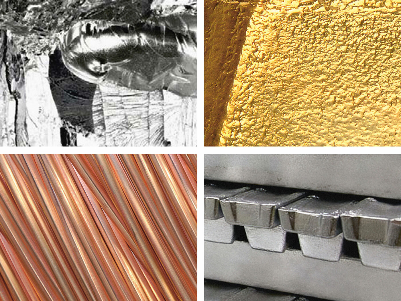 Collage verschiedener Aurubis-Metalle (Kupferdrähte, Gold, Silber, Aluminium, etc.)