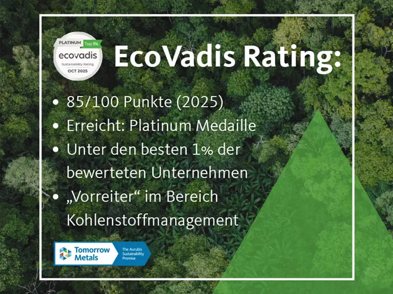 Vogelperspektive auf die Baumkronen eines Waldes. Davor ein weißer Rahmen, in dessen Zentrum sich eine Beschreibung des EcoVadis Ratings von Aurubis befindet.